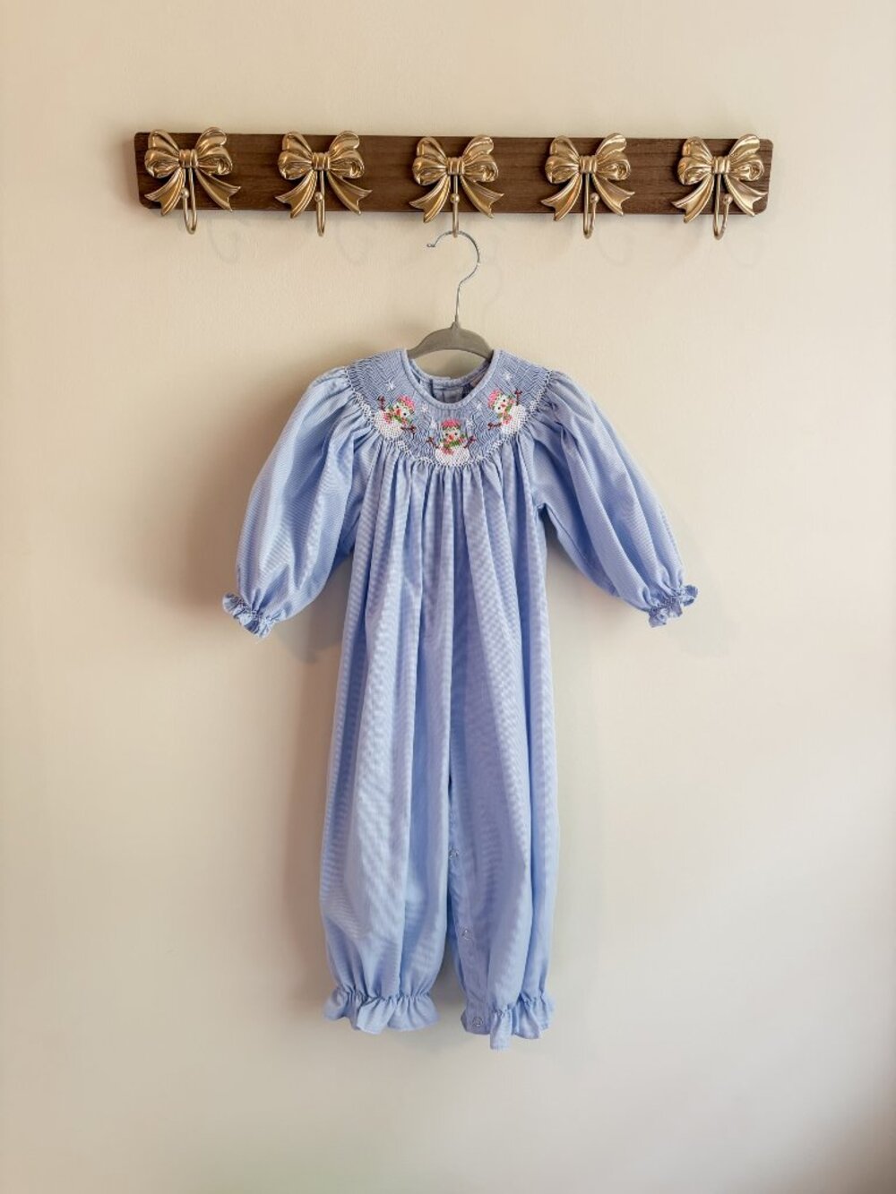 Remember Nguyen Girls Size 24 Months Smocked Blue Romper with Snowman Smocking